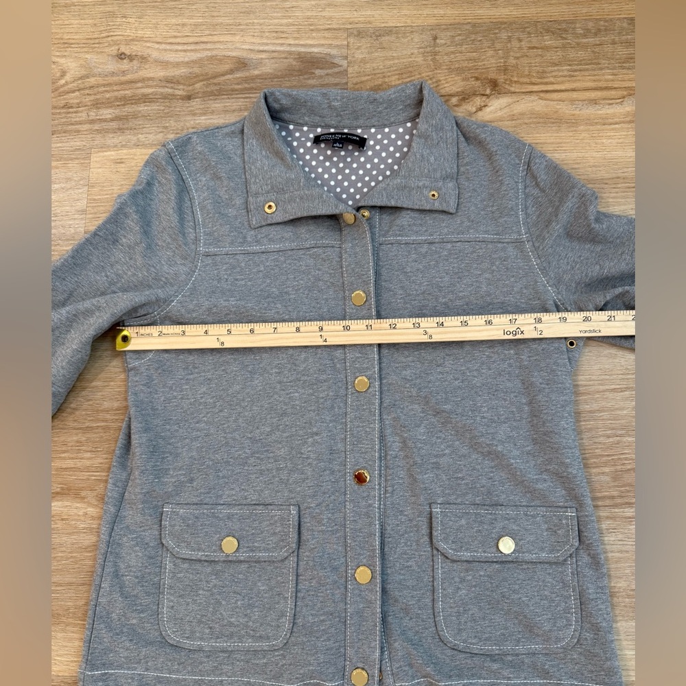 Jones New York Signature Gray Snap Front Utility Jacket Polka Dot Cuffs L - Picture 8 of 10